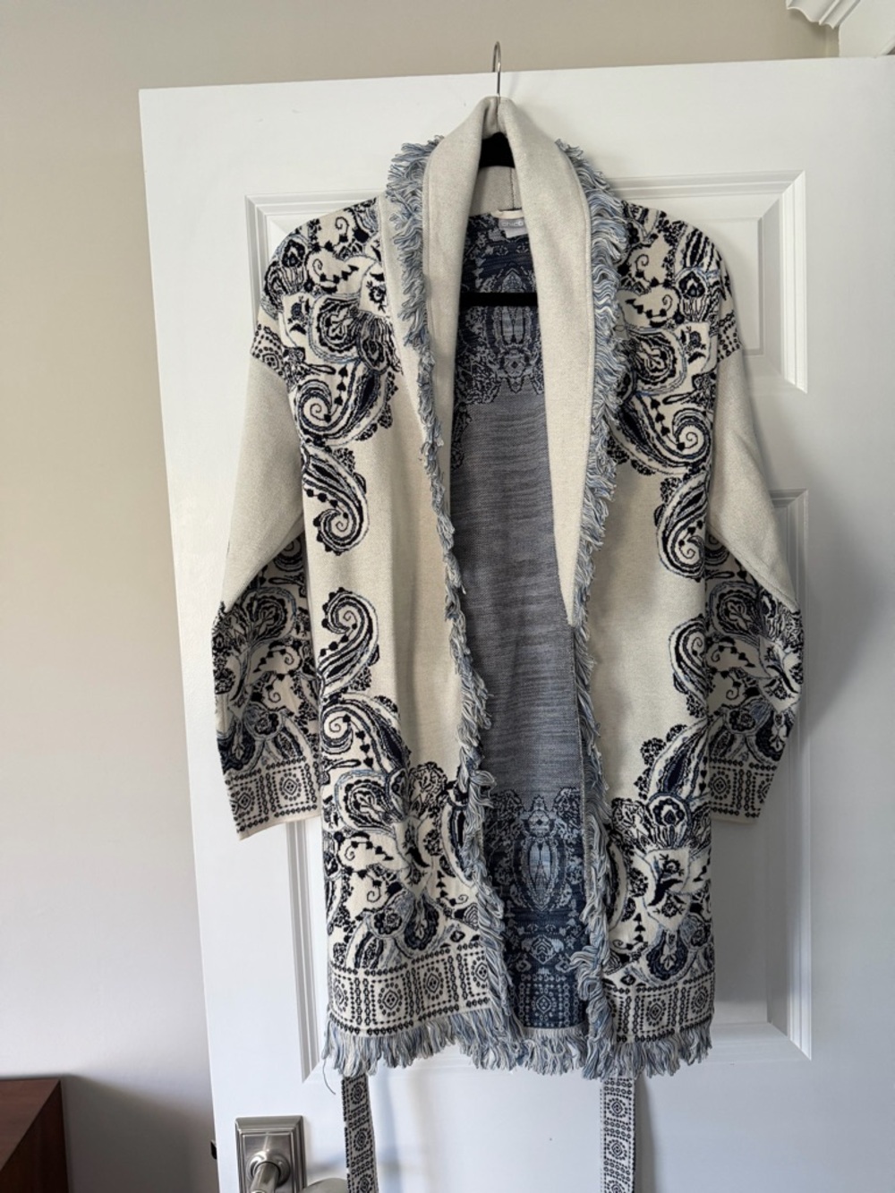 Chico's Cream and Black Paisley Fringe Open Cardigan - Picture 3 of 4